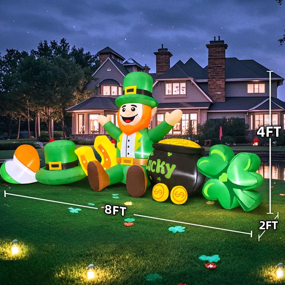 8FT St Patricks Day Inflatables Outdoor Decorations,Inflatable Leprechaun with Clover & Gold Coins Combo Blow Up Yard Decorations for Holiday Party Yard Lawn Garden