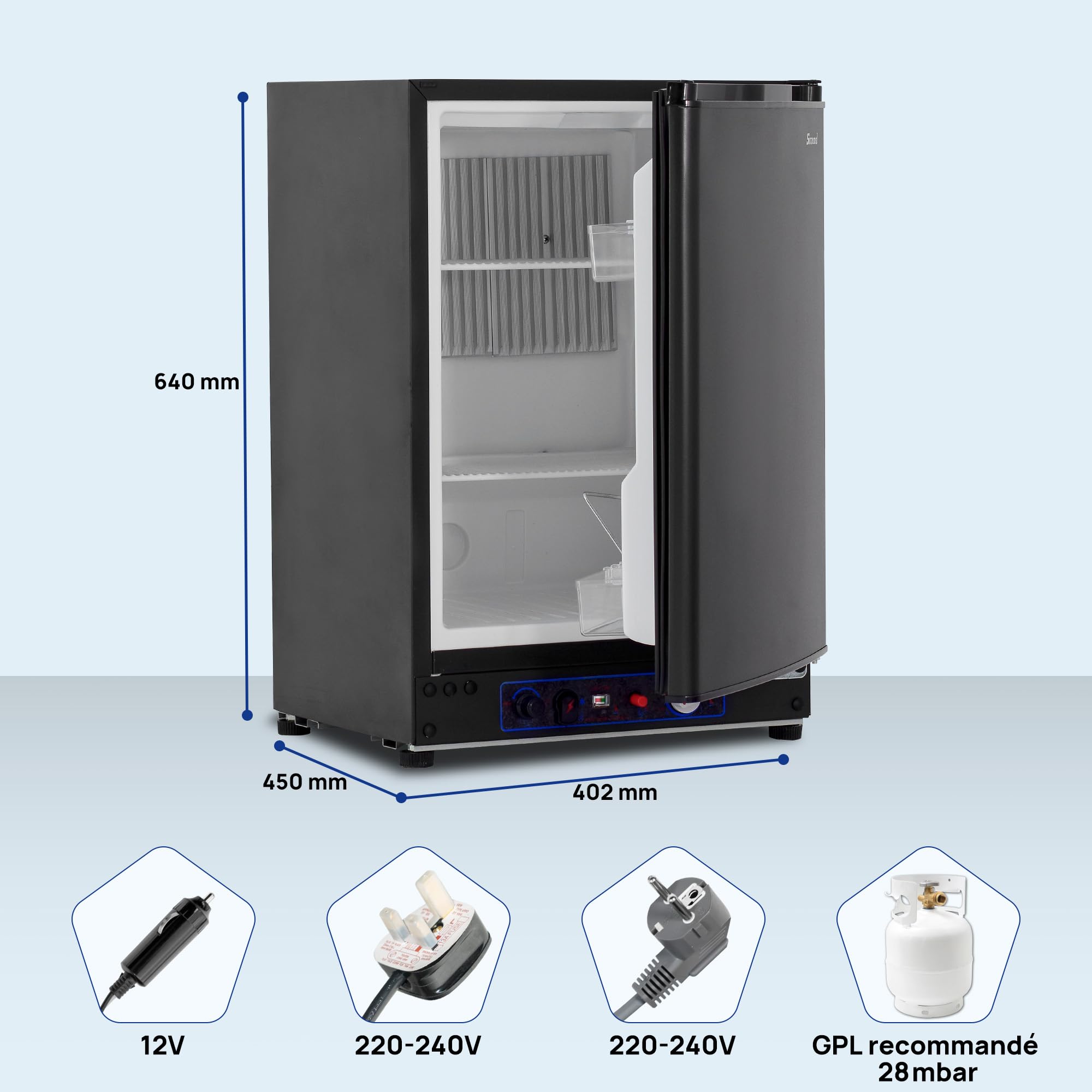 Smad Frigo Trimixte 40L, Réfrigérateur Camping Gaz, Frigo Camping Car pour Caravane Fourgon Camion Chalet Mobile-home, Silencieux, Noir
