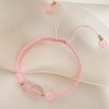 Natural Rose Quartz Bracelet Lucky Pixi Charm Heart Pendant Feng Shui Adjustable Hand Woven String Bracelet Pink Talisman Women Girls Wealth Love Good Luck Prosperity Meditation Yoga Heart Cinnaba Color Pixiu