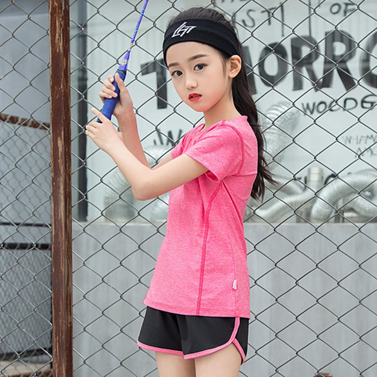 Tuta sportiva per bambini, con scollo rotondo, con pantaloni sportivi, tuta corta, 2 pezzi, per ragazze e jogging