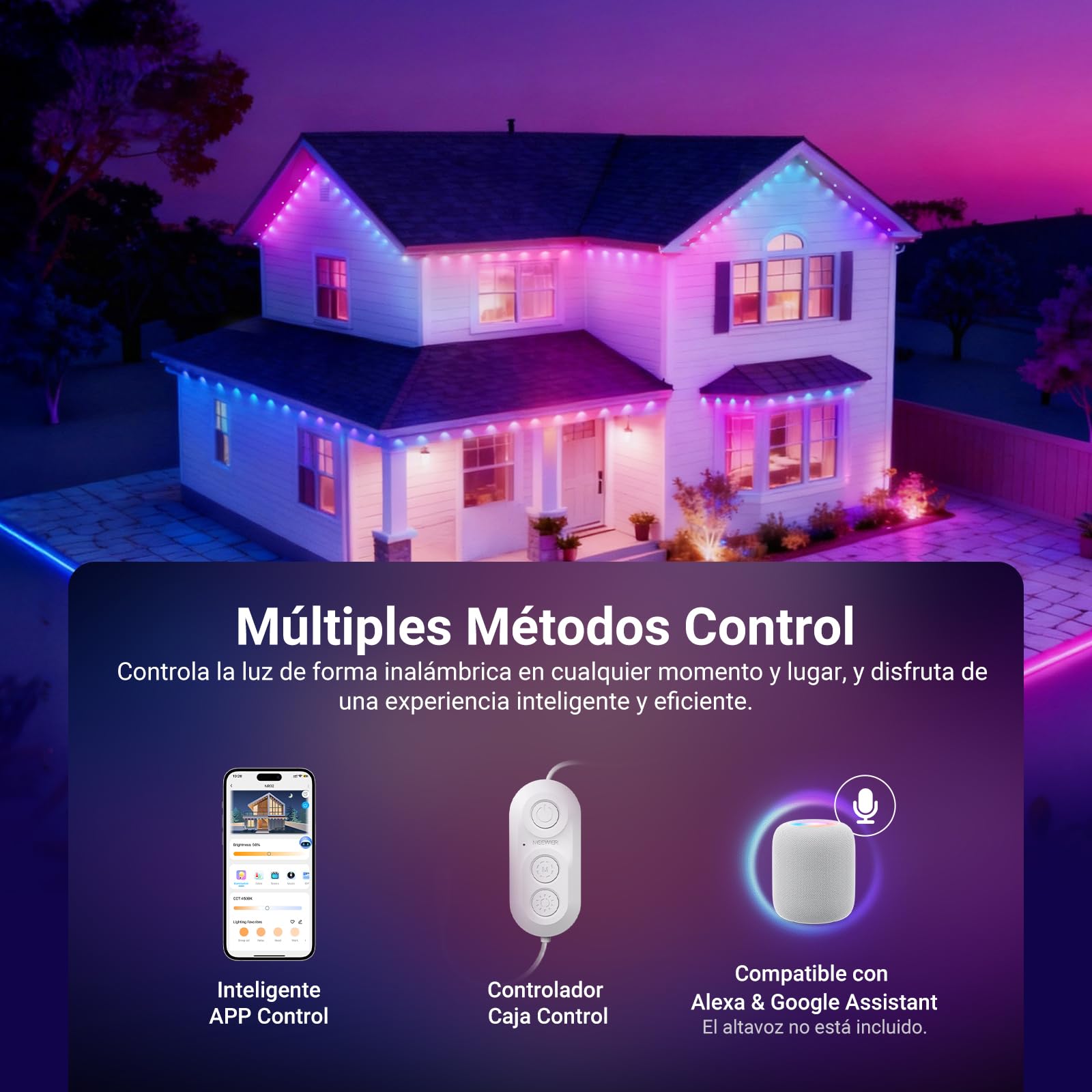 NEEWER Guirnalda Exterior Permanente 96ft RGB IC Blanco Frío Cálido Control App,60 Luces LED IP65 Impermeable 50+ Escenas Decoración Navidad Compatible Alexa ，NR02