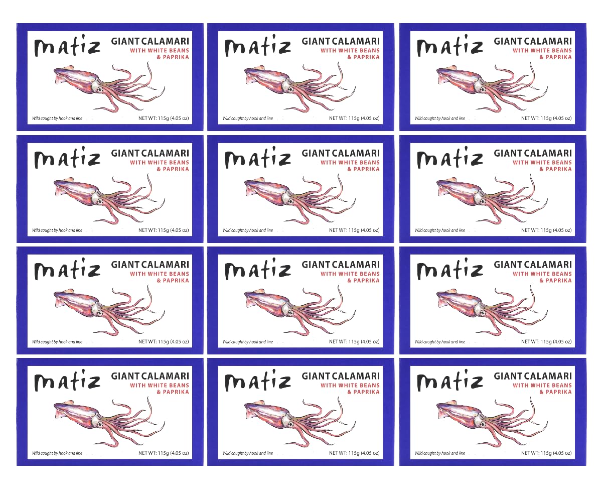 Matiz Giant Calamari with White Beans & Paprika | 4.05 oz / 115g | 12 Pack | Wild -Caught | Artisan | Product of Spain |