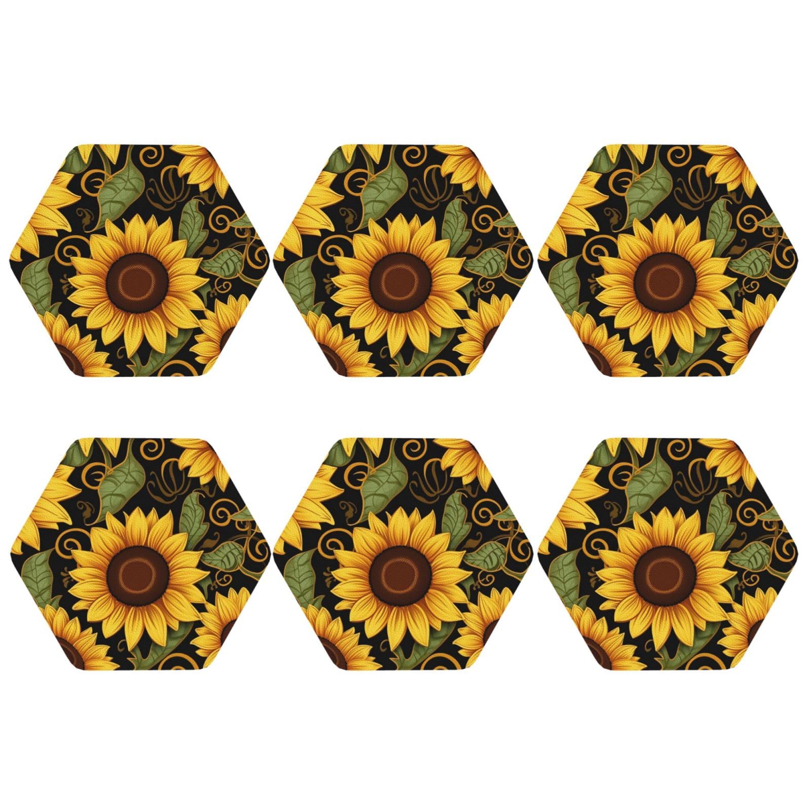 6pcs Leather Coasters for Drinks, Beautiful Sunflower Drink Coasters for Tabletop Protection, 4" Cup Coasters for Coffee Table Decor, Non-Slip Drinking Cup Mat for Hot Or Cold Drink