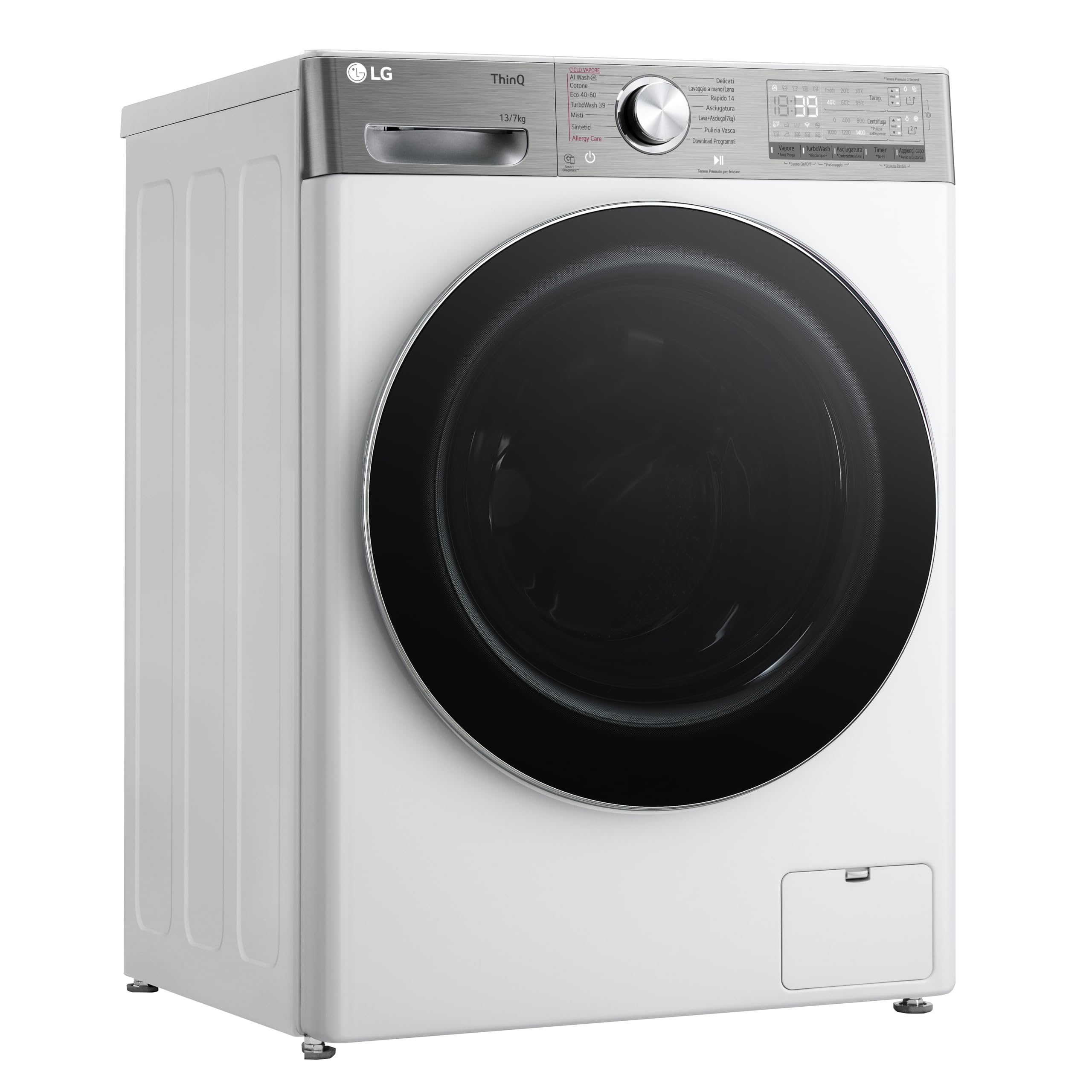 LG AI DD D4R9513TPWC Lavasciuga 13/7kg, Serie R9, Classe D, Lavatrice Asciugatrice, 1400 Giri, TurboWash 360, Vapore Steam+ e Antipiega, Autodosaggio, Wi-Fi, Bianca
