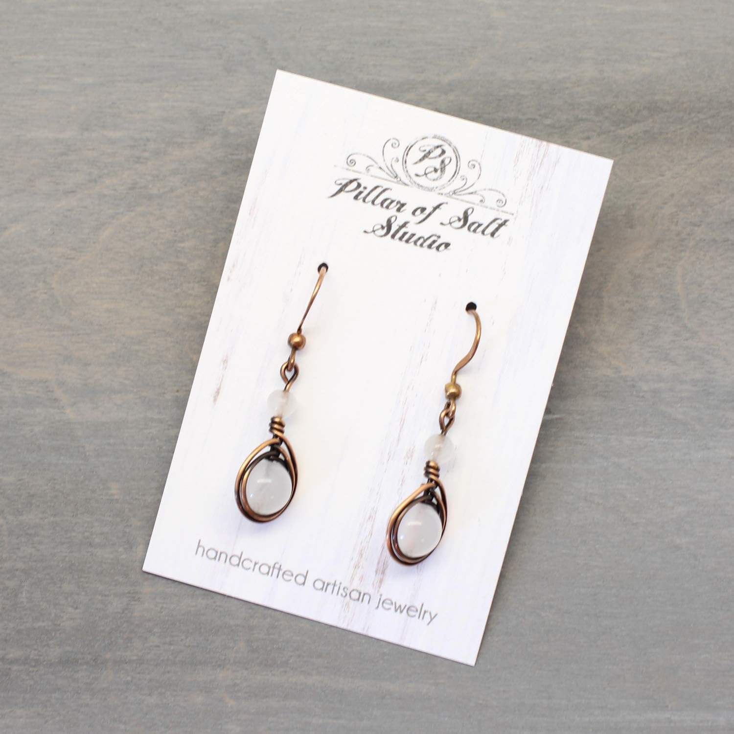 Pillar of Salt Studio Handcrafted Solid Copper Earrings with White Quartz Gemstone (Antiqued Copper, 1" drop)