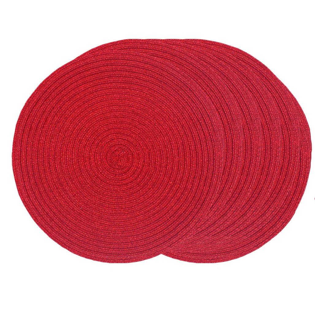 SCF2017 Round Woven Glitter Plastic Placemats 30cm Hollow Table Mats,Set of 6,Red