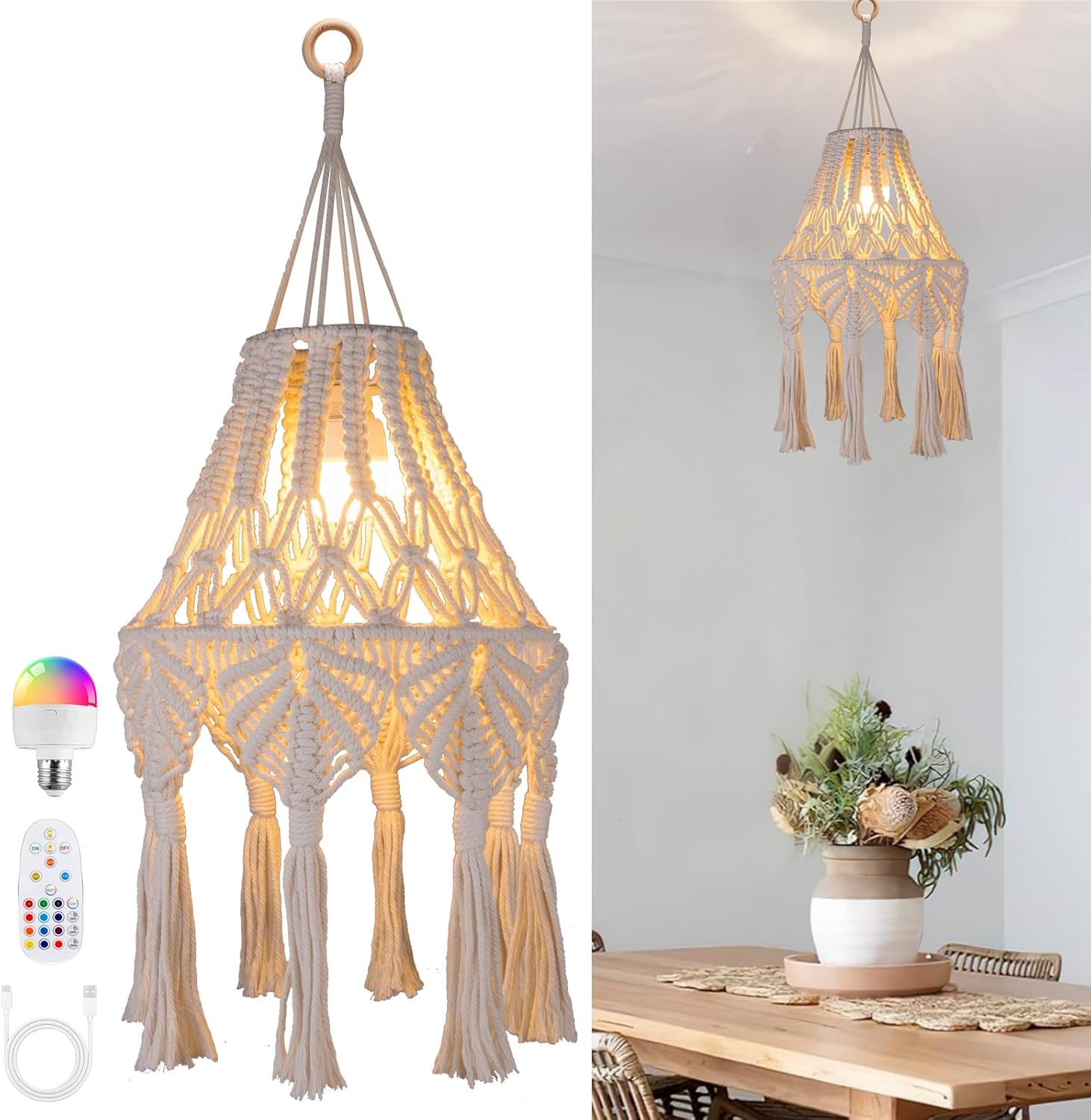 Boho Chic Macrame Pendant Lights with Tassels, Remote Control Dimmable Timer Rechargeable Battery Operated Hanging Lamp, Cotton Rope Wall Decor for Bedroom Living Room