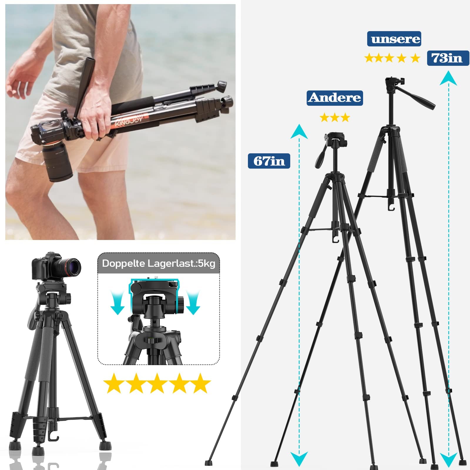 KINGJOY Treppiede In Alluminio Per Fotocamera Con Testa A 3 Vie – Supporto Cellulare E Telecomando Inclusi – Altezza Max 185 Cm