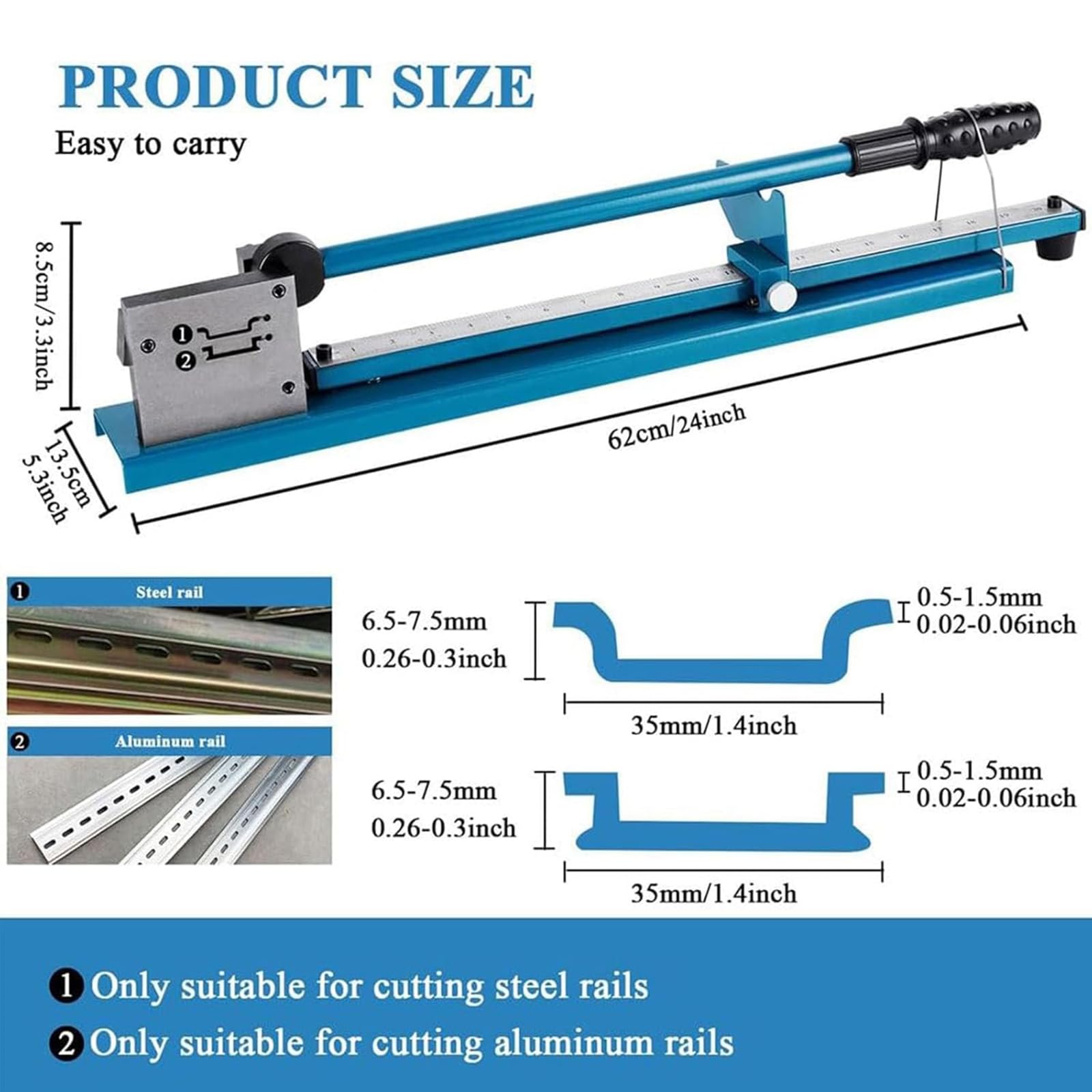 Cortador de riel, máquina de corte de doble agujero con pasador de posicionamiento y regla, cortes precisos para riel ranurado de acero y aluminio, herramienta fácil de usar para profesionales