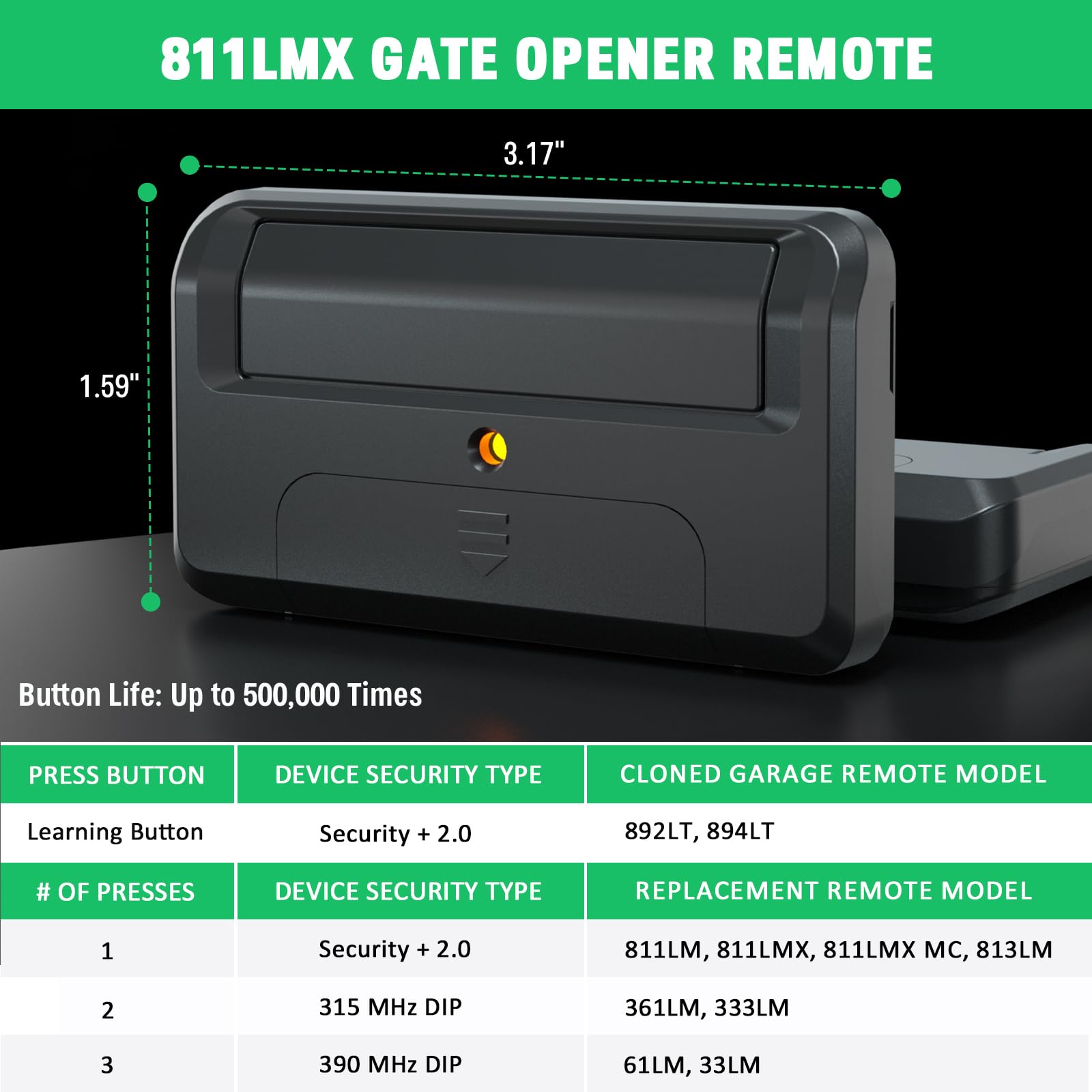 811LMX Lot de 4 télécommandes de rechange pour ouvre-portail Liftmaster 811LMX/811LM, fonctionne avec les récepteurs Liftmaster 850LM/860LM, ouvre-portail et ouvre-portes commerciaux, Security+ 2.0,