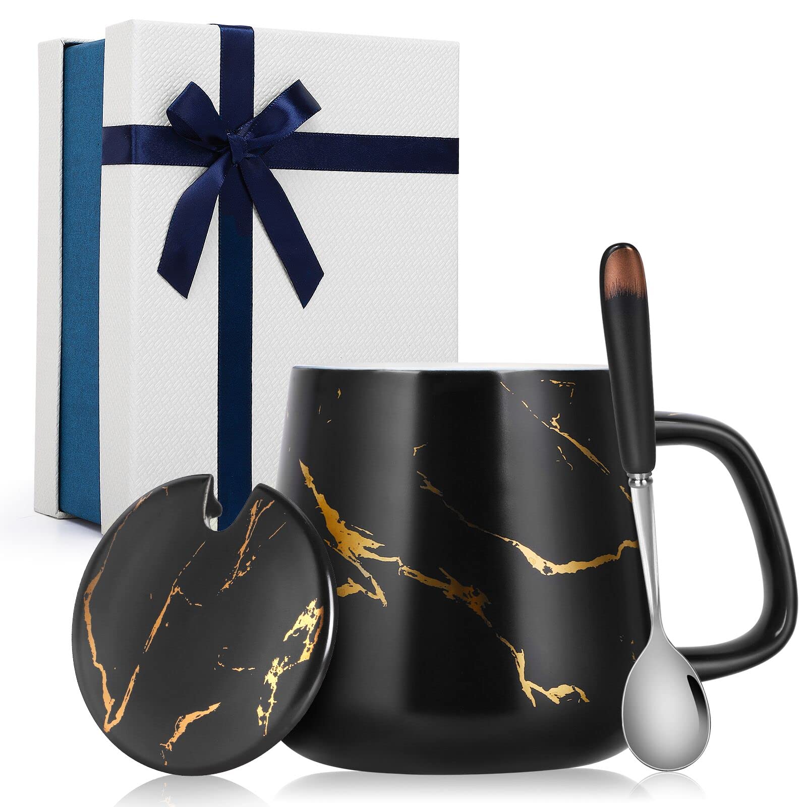 Photo 1 of POEKLSYNM Marbled Ceramic Mug with Lid, Ceramic Coffee Mug and Spoon, Men's Coffee Mug Gift Set, Women's Elegant Coffee Mug, Christmas Gift Set 12oz/350ml - Black 1 Count (Pack of 1) Black