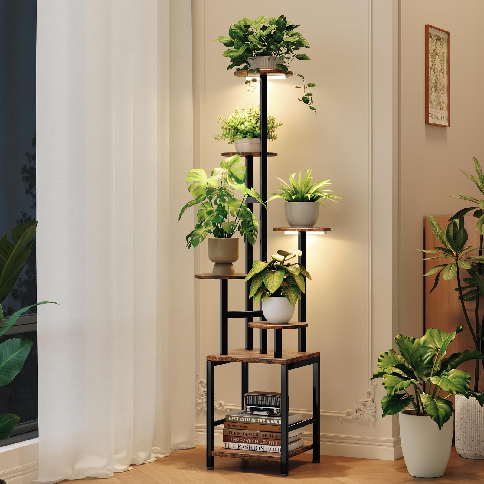 Homsorout Plant Stand Indoor with Grow Light,6-Tiered Tall Plant Stand Indoor, Metal Plant Shelf with Adjustable Light, Ideal for Living Room, Garden, Patio (Black Brown)