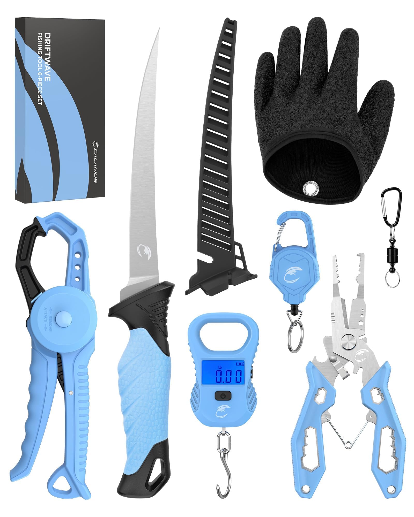 Calamus DriftWave Fishing Tool Kit - Corrosion Resistant Fishing Pliers, Lip Gripper, Fillet Knife, Scale, Retractor & Glove,Scissors & Pocket Knife,Fishing Gifts for Men