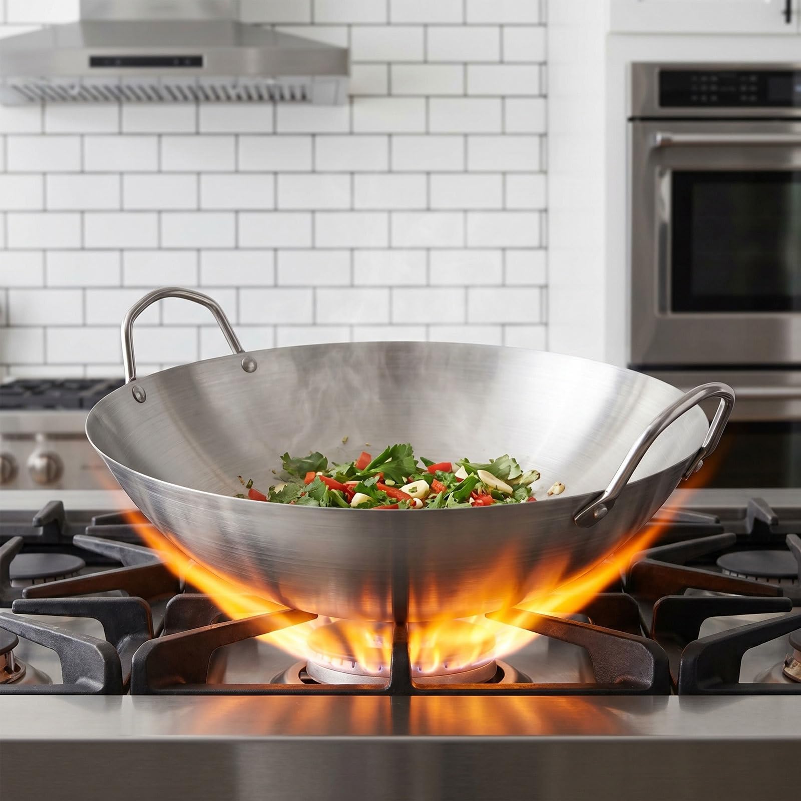 Operitacx Doppelohr-Wok aus Edelstahl, runde Pfanne zum Anbraten, Wok für hohe Temperaturen, traditioneller chinesischer Gasherd-Pfanne für Nudeln und gebratenen Reis