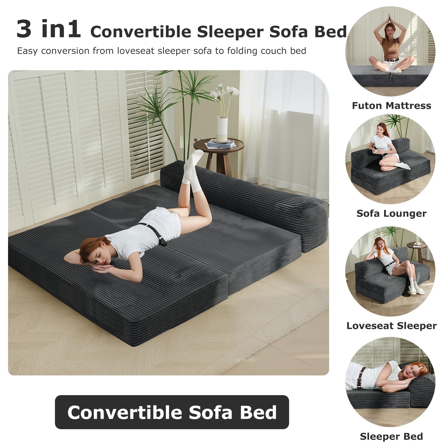Folding Futon Sofa Bed Full Size, 6 inch Convertible Floor Couch Bed with Removable Corduroy Cover, Pull Out Couch for Small Spaces High-Density Foam,Grey