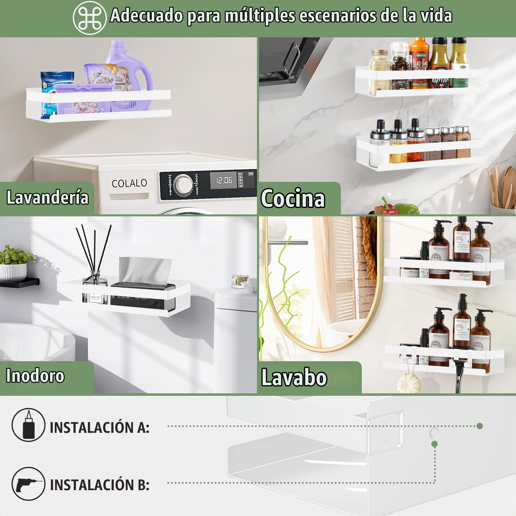 FoiiLiio Estanteria Baño 2 Piezas Estanteria Ducha sin Taladro con 4 Ganchos 30cm Estante Ducha para Baño, Blanco