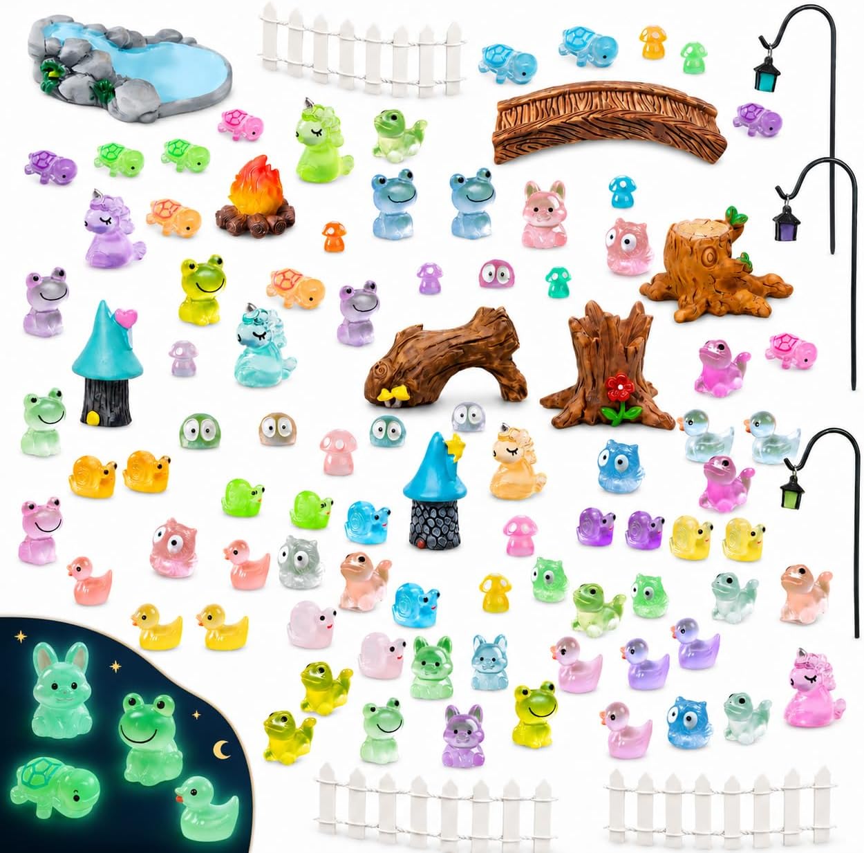 Glow in the Dark Fairy Garden Accessories Kit, Mini Resin Figurines with Tiny Furniture, Houses, Bridge and Garden Decorations for DIY Micro Landscape, Terrarium and Plant Pot Decor
