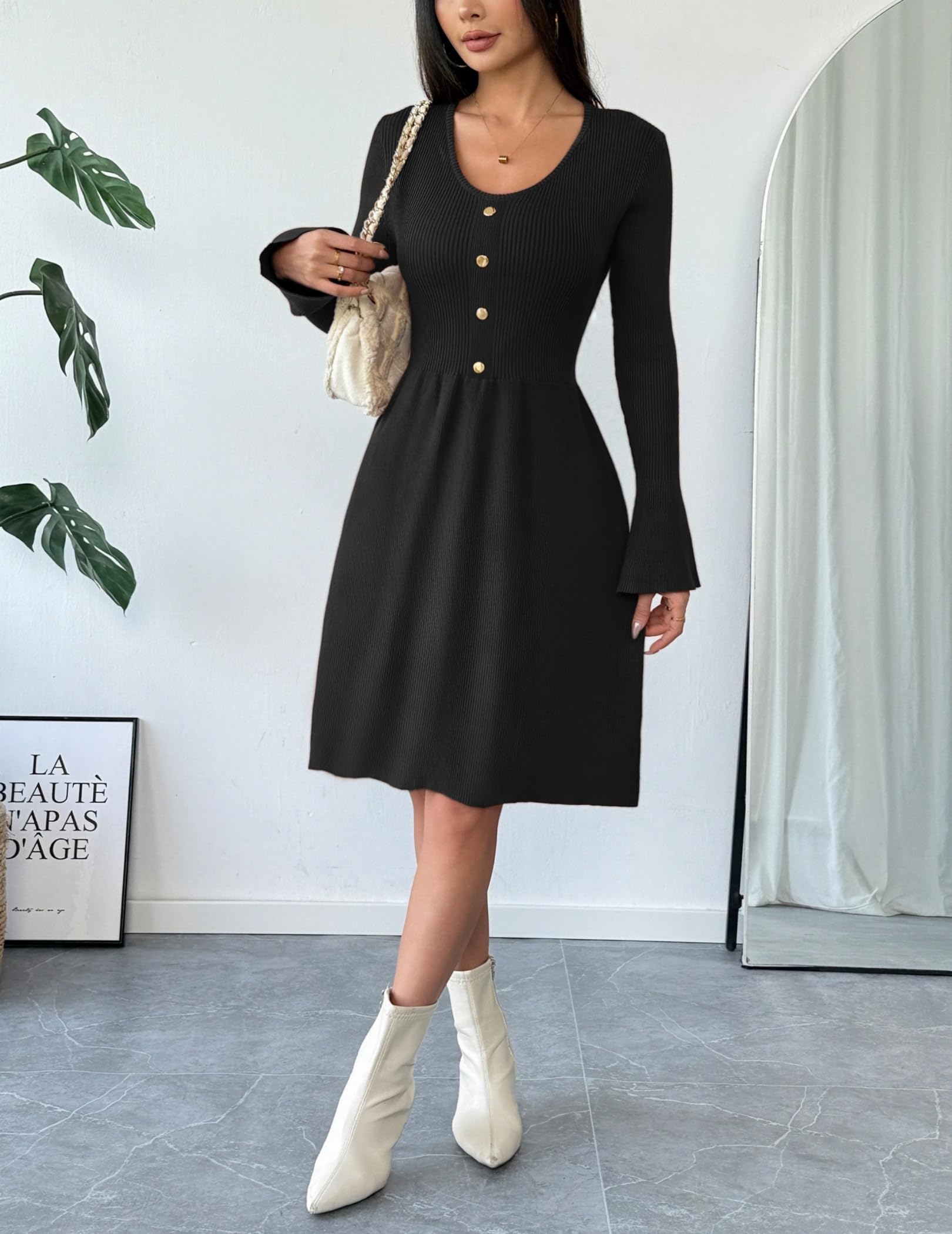Zeagoo Robe en tricot pour femme - Manches longues - Col en V - Robe pull élégante - Robe d'hiver unie - Robe midi avec manches trompette