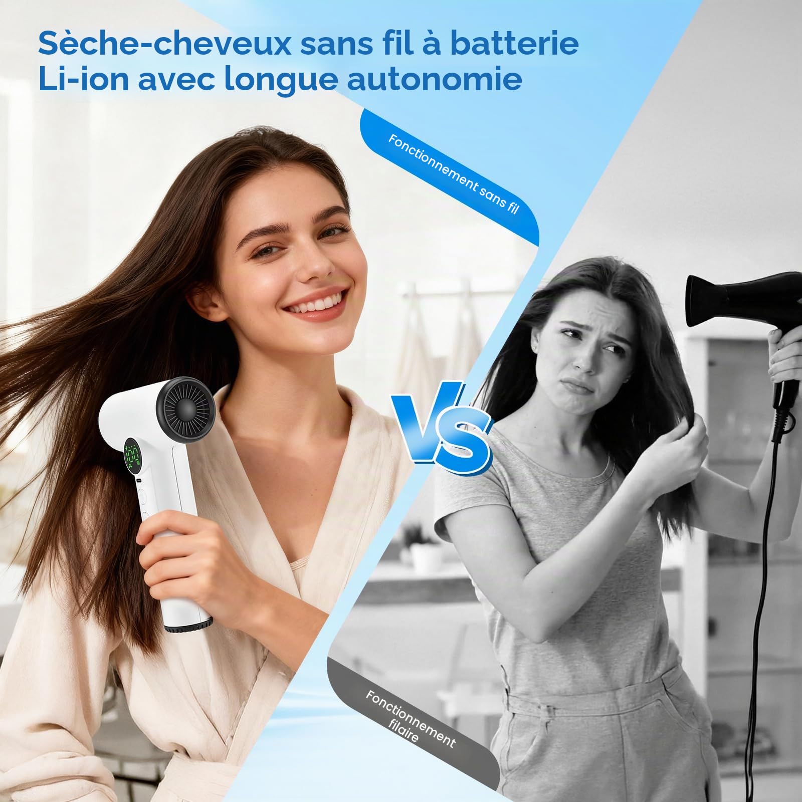 Sèche-cheveux de Voyage Pro avec Batterie 15600mAh - Sèche-cheveux sans Fil avec 100 Températures & Vitesses - Séchoir Portable avec Écran Numérique pour Camping Voyages Hôtel - Blanc