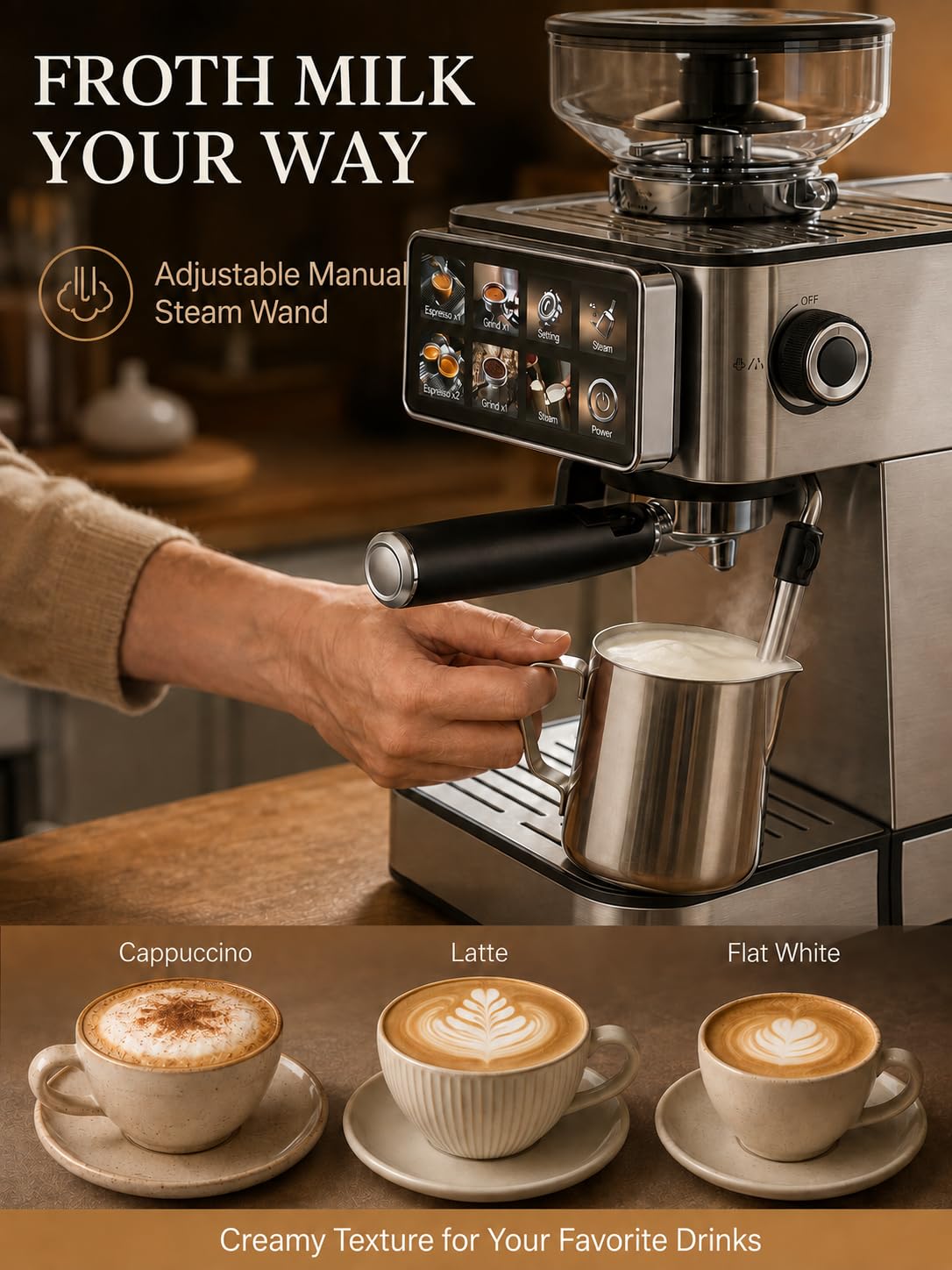 Cafetera semiautomática con Molinillo y vaporizador | El café recién molido cae directamente en el portafiltro para preparar espresso, Americano y bebidas con leche en casa
