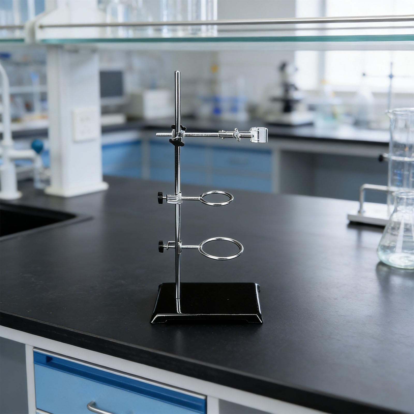 Soporte de laboratorio 35 cm para experimentos de química con superficie inoxidable y abrazaderas de apriete