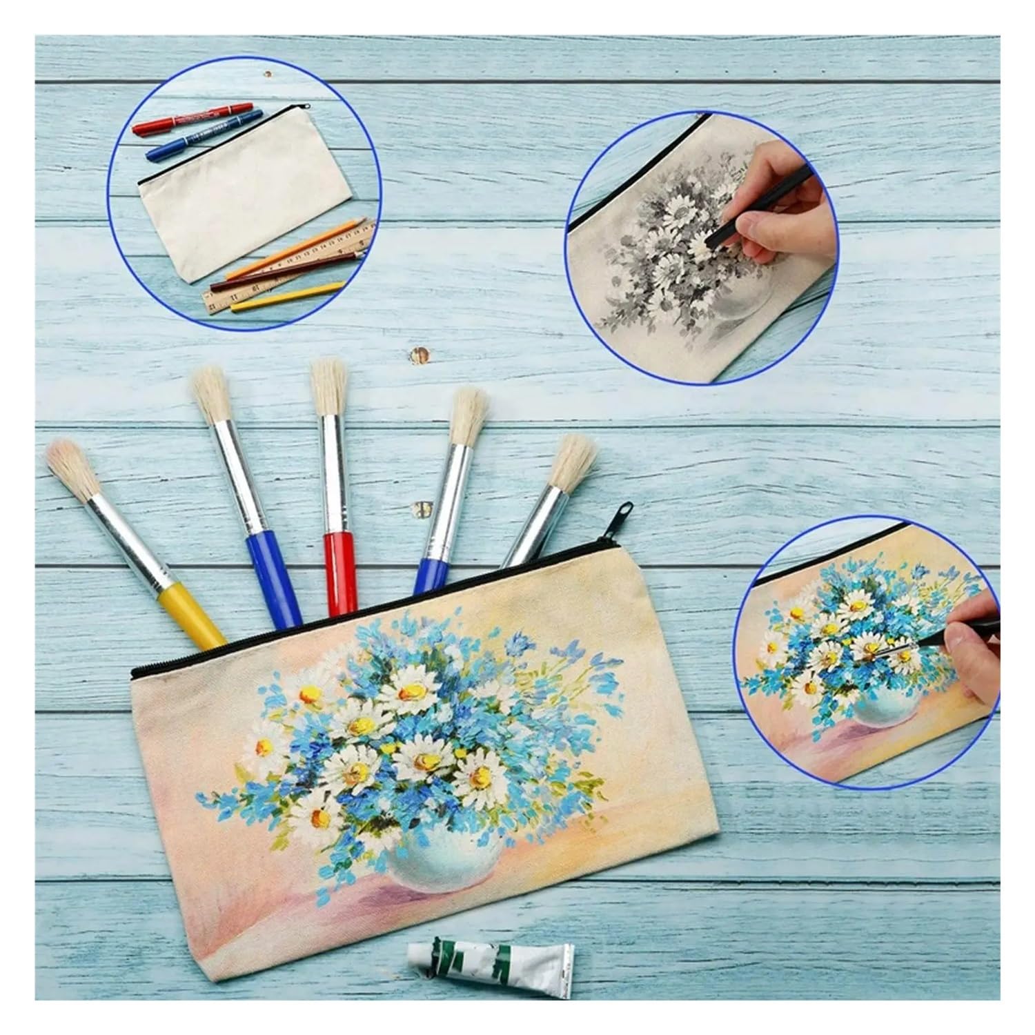 10 Stück blanko beige DIY Basteltasche Leinwand Federmäppchen Make-up Taschen Reißverschluss Bleistifttasche Kosmetiktasche Schule Handwerk Schreibwaren Zubehör, 10 x schwarzer Stoff