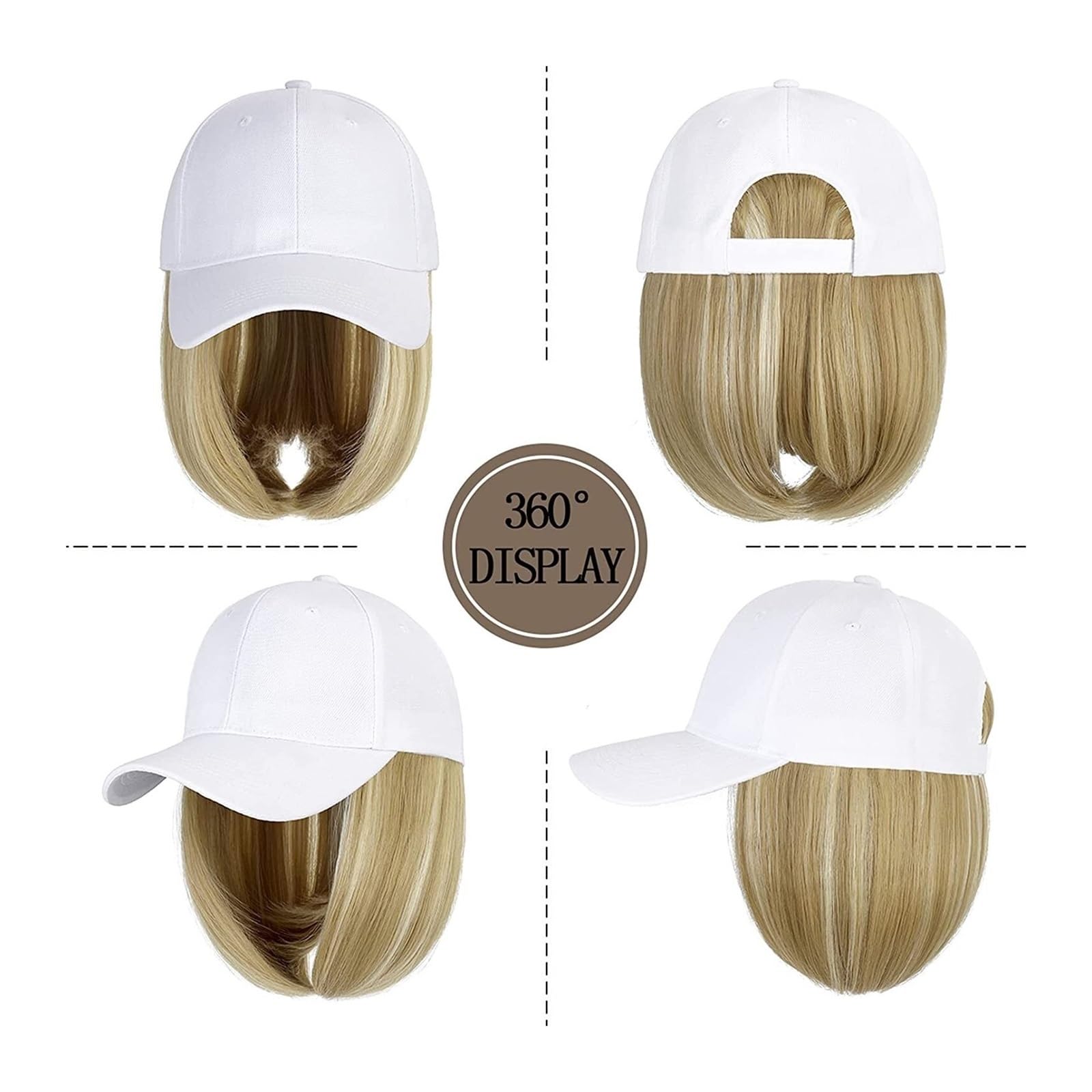 Wig Cap Peluca de béisbol ondulada corta Bob sintético Sombrero blanco/negro Pelucas Gorra con cabello Conexión natural ajustable(1)