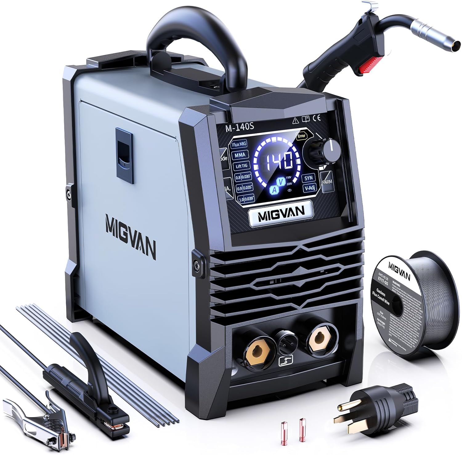 Gasless MIG Welder 110V/220V Dual Votage, 140A Welding Machine, Flux Cored MIG/Lift TIG/Stick ARC 3 in 1 MIGVAN Welders Synergic Control with One-Click Wire Feeding, IGBT DC Inverter with LED Display
