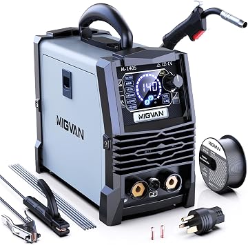 Gasless MIG Welder 110V/220V Dual Votage, 140A Welding Machine, Flux Cored MIG/Lift TIG/Stick ARC 3 in 1 MIGVAN Welders Synergic Control with One-Click Wire Feeding, IGBT DC Inverter with LED Display