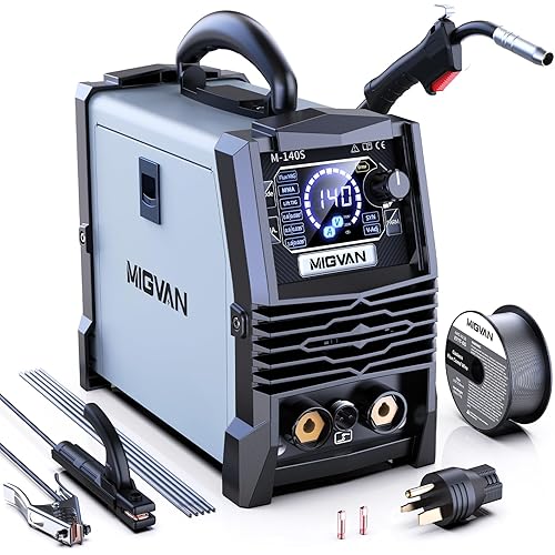 140A Gasless MIG Welder, 110V/220V Dual Votage Welding Machine, Flux Cored MIG/Lift TIG/Stick ARC 3 in 1 MIGVAN Welders Synergic Control with One-Click Wire Feeding, IGBT DC Inverter with LED Display