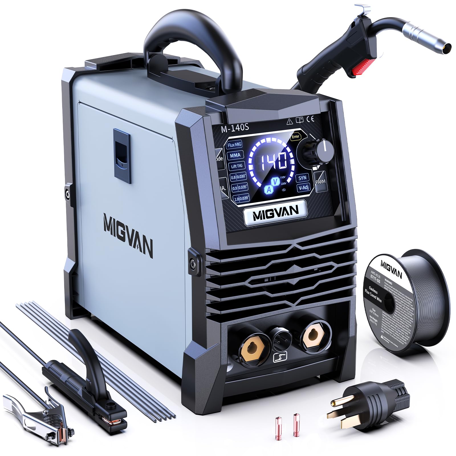 140A Gasless MIG Welder, 110V/220V Dual Votage Welding Machine, Flux Cored MIG/Lift TIG/Stick ARC 3 in 1 MIGVAN Welders Synergic Control with