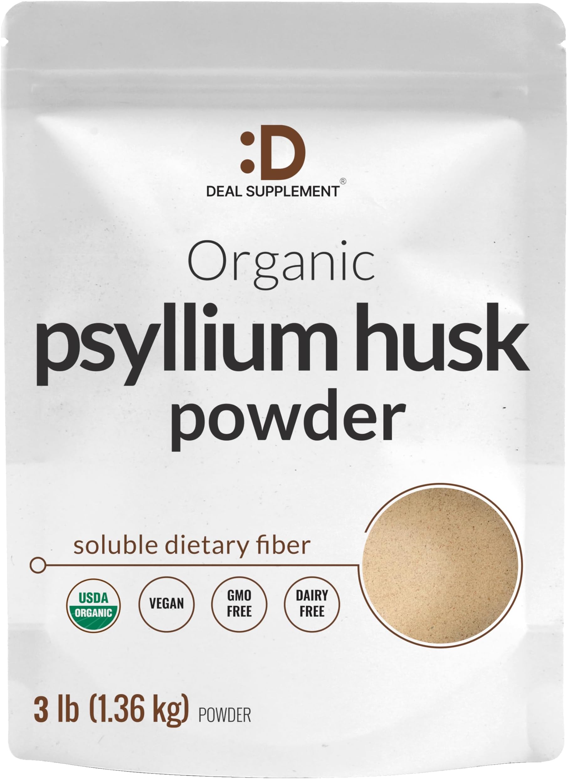 DEAL SUPPLEMENT Organic Psyllium Husk Powder, 3lbs (48oz) – Unflavored Plant Based Soluble Dietary Fiber – Gut & Digestion Health – Great for Baking & Cooking – Keto Friendly, Gluten Free, Non-GMO
