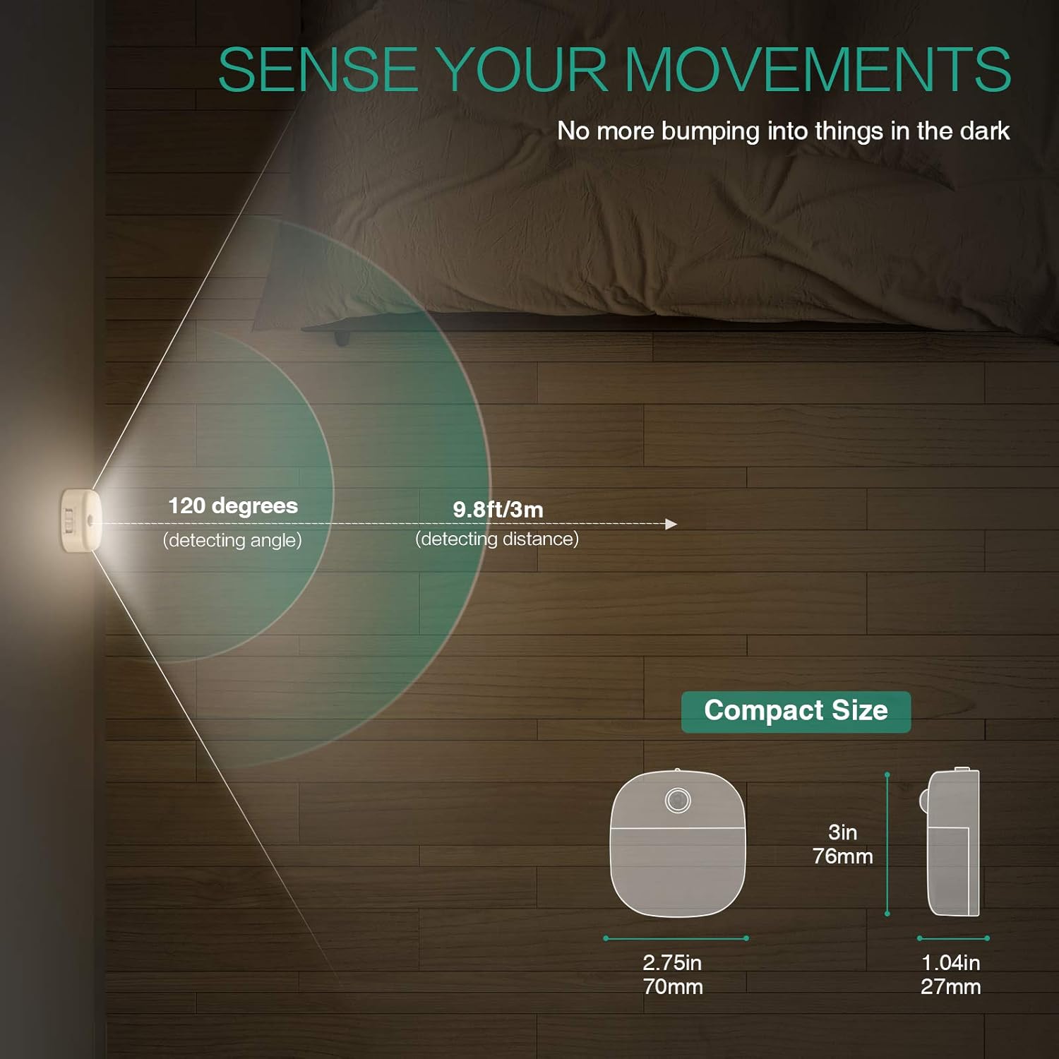 ORIA Motion Sensor Light illuminating a staircase as a person walks up