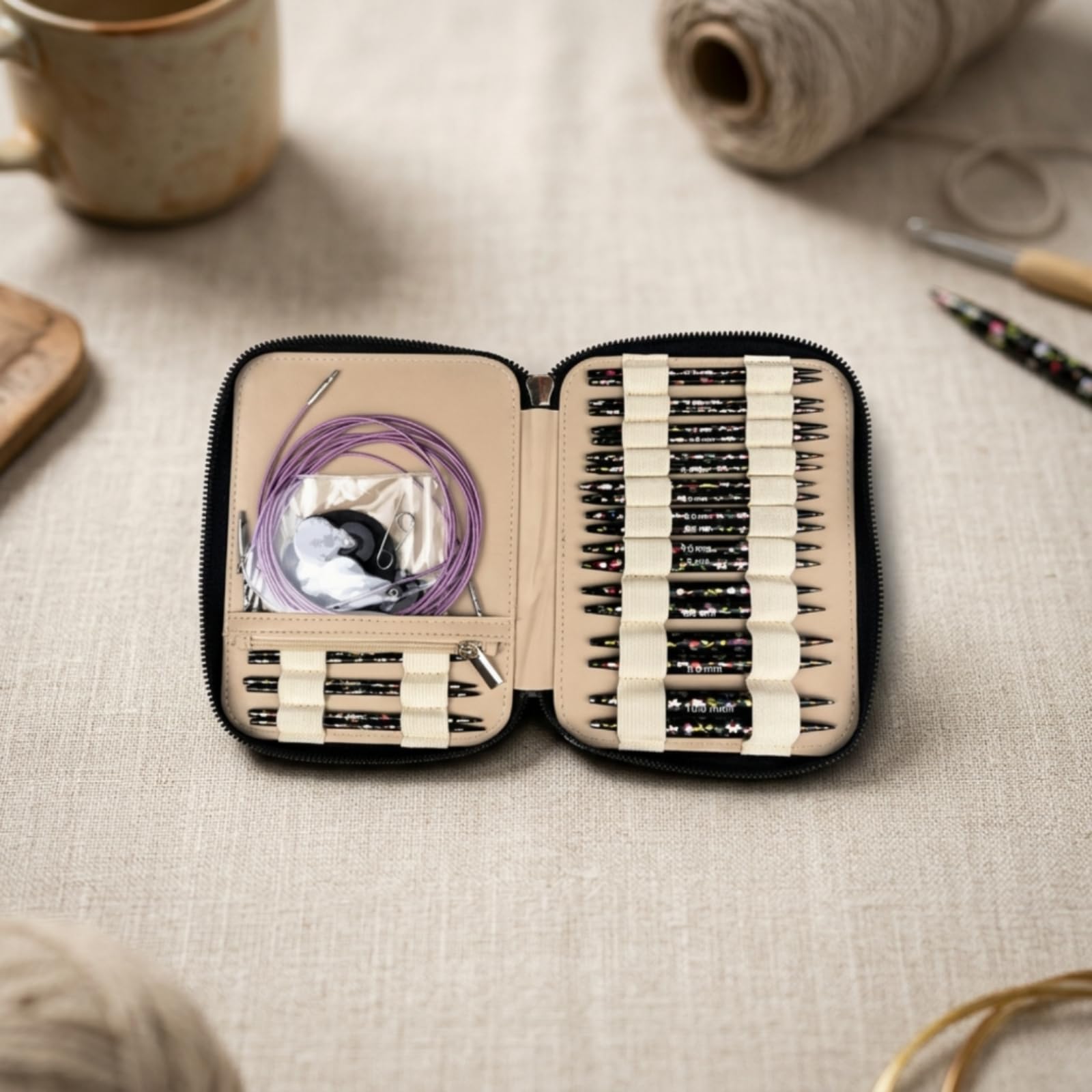 Gancho Industrial Estuche de Tejido Intercambiable Kit con Agujas Cables Conectores Organizador Portátil Interior con Correas Material Alúmina y Cuero PU Adecuado para Artesanía en Casa Salidas
