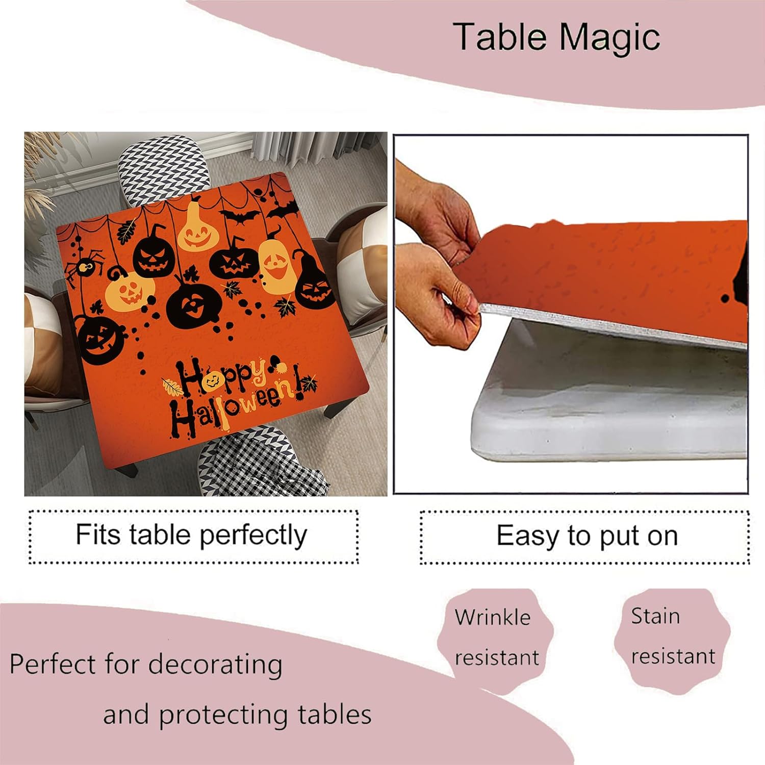 Elastic Edged Square Table Cloths Halloween Pattern with Pumpkins Background Fitted Table Covers for Party Picnic Garden Decor, Fitted for 60"x60" Square Table, Style 603