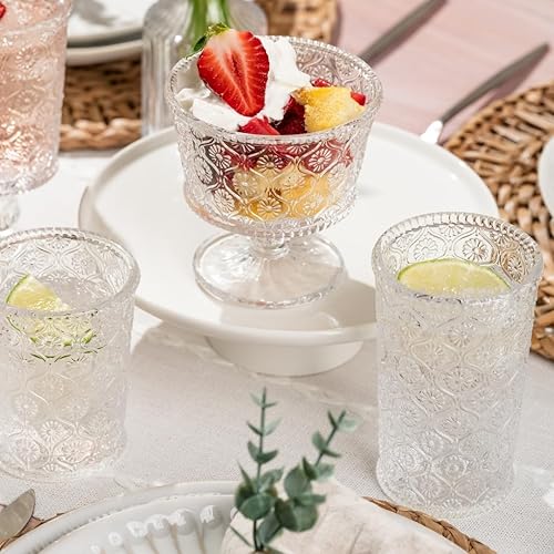 Miniatura 6 de Cameo - Juego de 4 vasos altos transparentes, vintage, cristalería vintage con vaso de flores grabado, 11.5 onzas, sin plomo, Tom Collins, vasos de