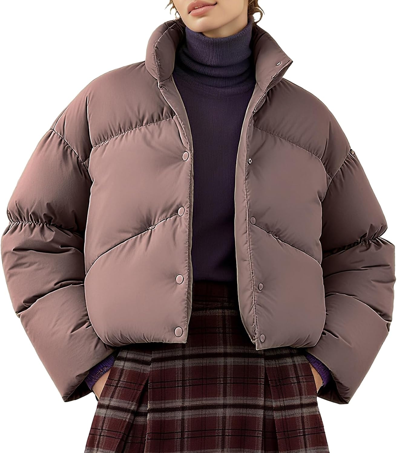 Women's Short Down Jacket Cropped Winter Coat Button Lightweight Puffer Jacket Without Hood for Winter Warm Cozy