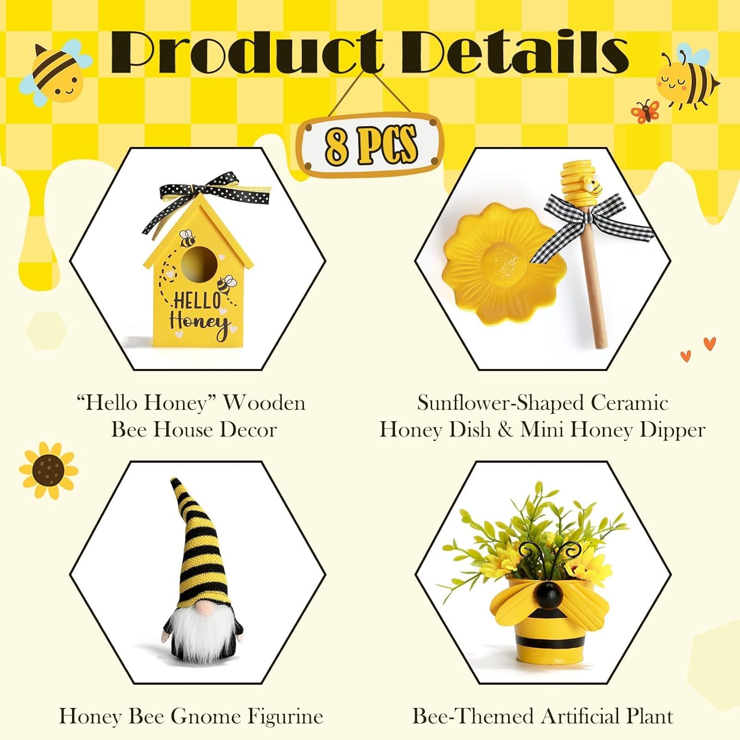 Spring Decorations 8 Pcs Bee Tiered Tray Decor Set, Summer Bumble Bee Décor for Kitchen Shelf Mantel Farmhouse Tabletop Spring Summer Decorations for Home Office Indoor Beehive Gnome Decorative Bundle