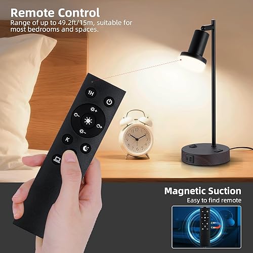Miniatura 2 de Lámpara de mesa industrial con control remoto para atenuación y temperaturas continuas, lámpara de noche con puertos USB C+A y salida de CA, lámpara