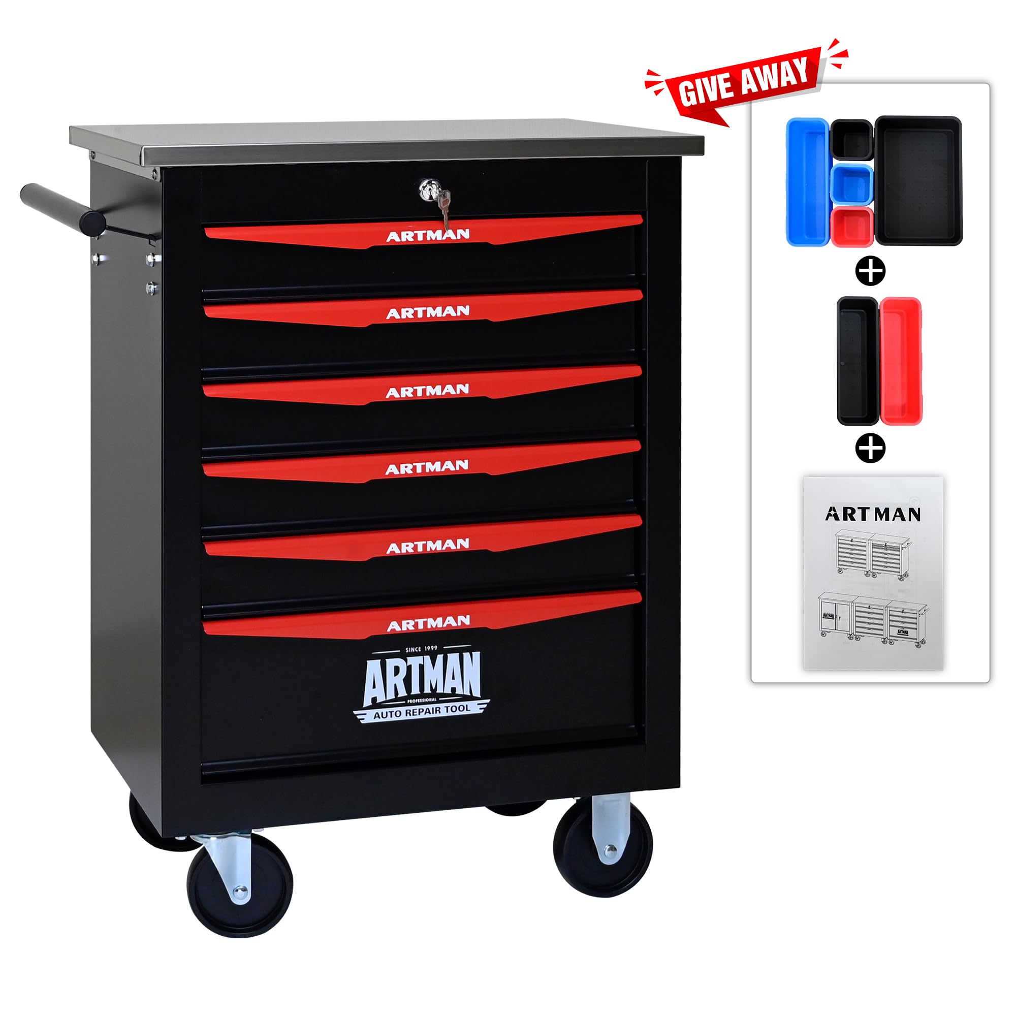 Carro de herramientas con ruedas, maletín rodante con 6 cajones, caja de herramientas de metal para garaje, taller, almacén, taller de reparación, carro de herramientas con techo de acero