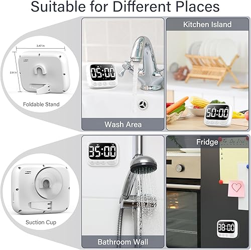 Miniatura 2 de Temporizador de ducha impermeable para baño, temporizador digital para montaje en pared, estudio con soporte plegable, cronómetro de cuenta