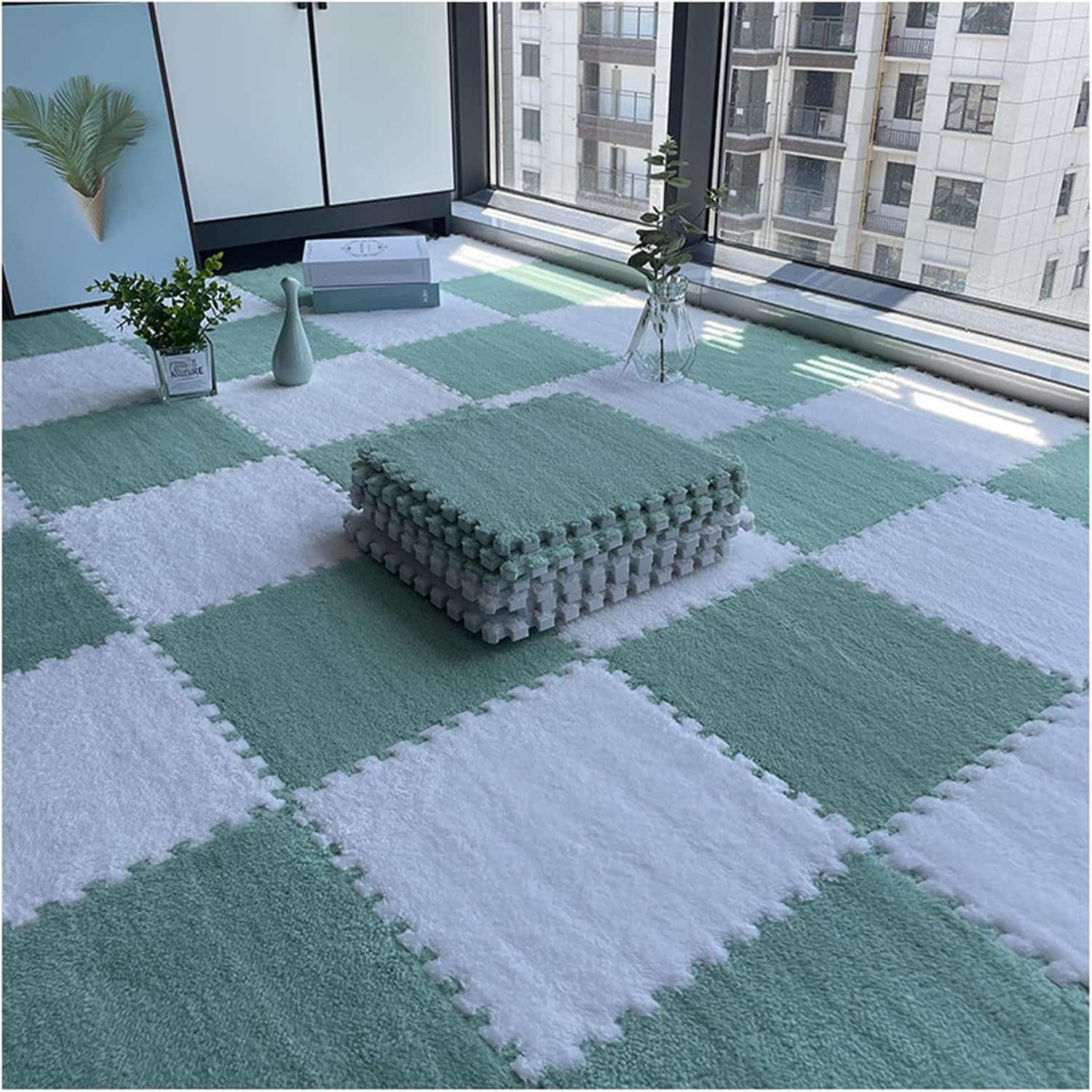 50pcs Interlocking Floor Tiles, Interlocking Carpet Soft EVA Foam Mats, Plush Interlocking Foam Carpet Tiles, Puzzle Play Mat with Border