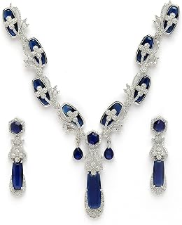 ZENEME Silver Toned Rhodium Plated Brass Elegant Emeralds Bloom American Diamond Necklace & Earring Jewellery Set for Wome... Price In India