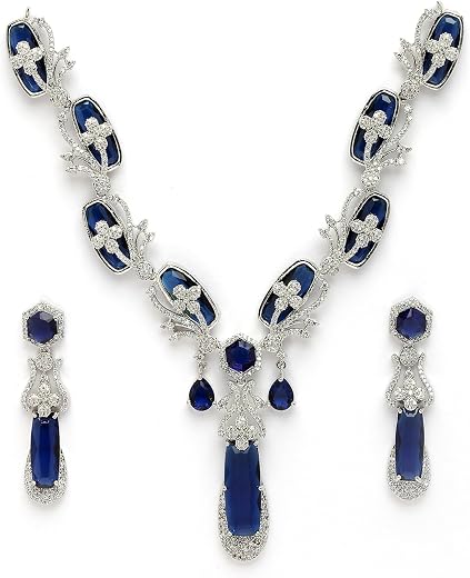 ZENEME Silver Toned Rhodium Plated Brass Elegant Emeralds Bloom American Diamond Necklace & Earring Jewellery Set for Wome...