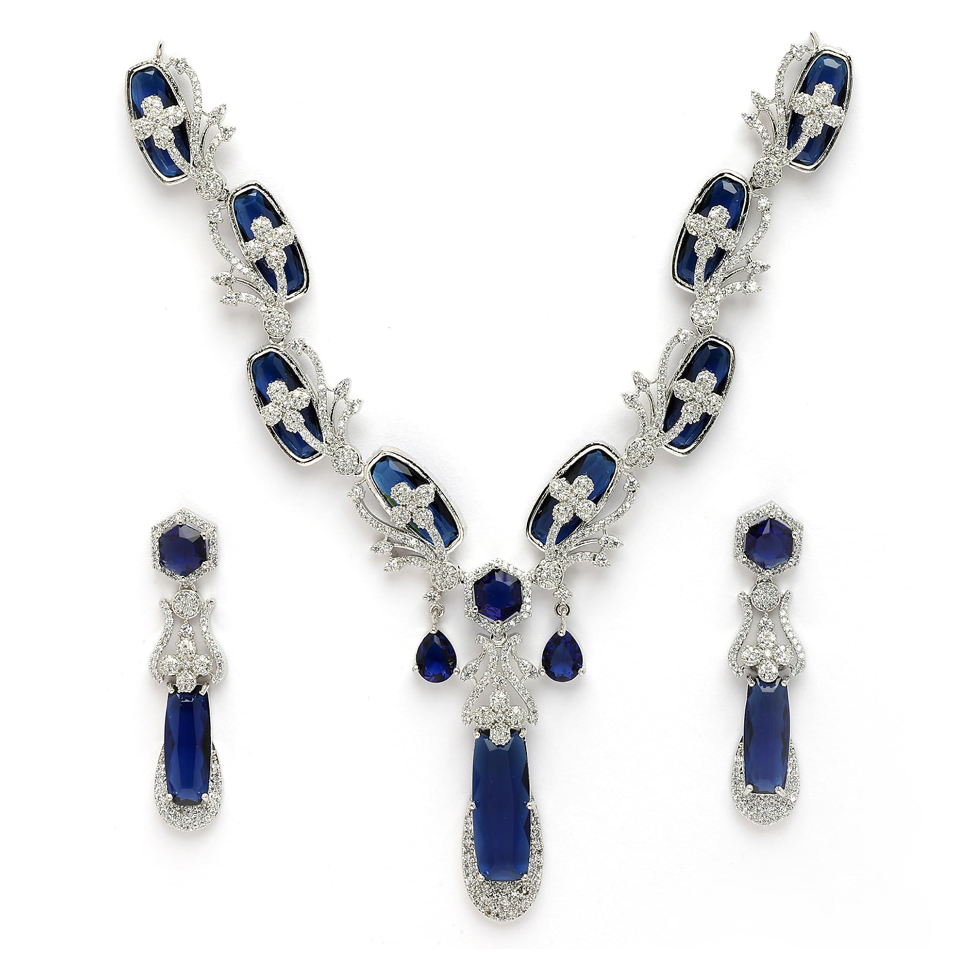 Silver Toned Rhodium Plated Brass Elegant Emeralds Bloom American Diamond Necklace & Earring Jewellery Set for Women & Girls-image-25