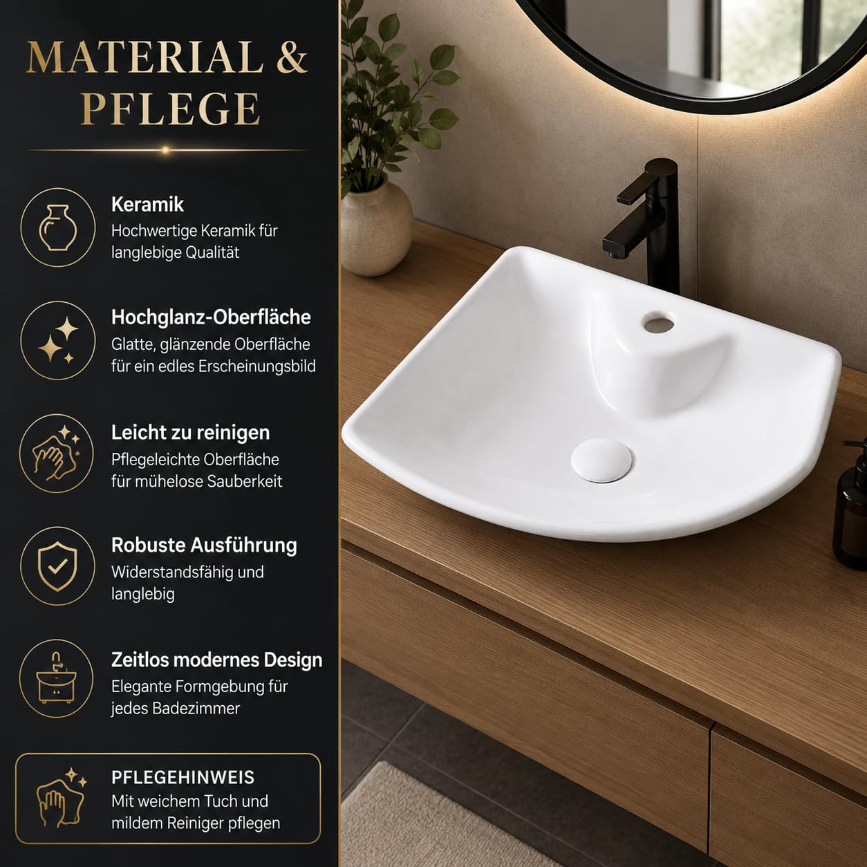 Umywalka kwadratowa premium – umywalka nablatowa na wysoki połysk – umywalka ceramiczna do umywalki – biała – 485 x 385 x 140 mm