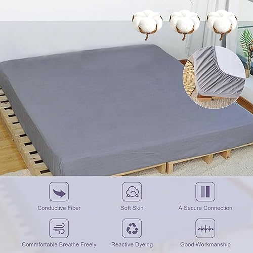 Miniatura 7 de Juego de sábanas bajeras ajustables para tierra, tamaño Queen, hilo plateado y algodón orgánico con cable de conexión a tierra de 16.4 pies para un