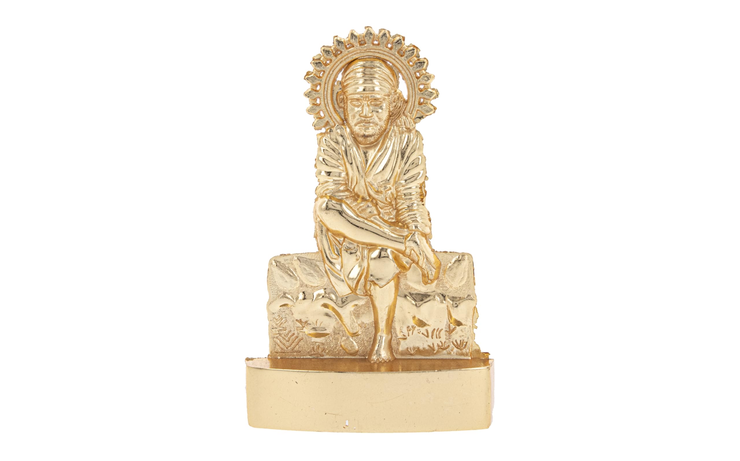 Sai Baba Murti Golden Metal Small Shirdi Sai Baba Idol Figurine Ornament Hindu Indian God for Car Dashboard Home Office Desk Temple Décor Diwali Wedding Gift (5 Inch)
