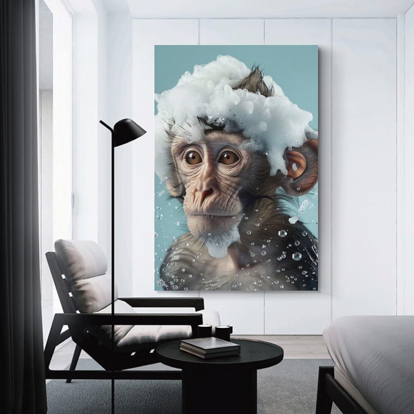 Junmoney Monkey with Soap Suds Canvas Wall Picture, 24x36inch(60x90cm), for Front Hall, Corridor Or Welcome Spaces, Wall Decor to Refresh Empty Corners