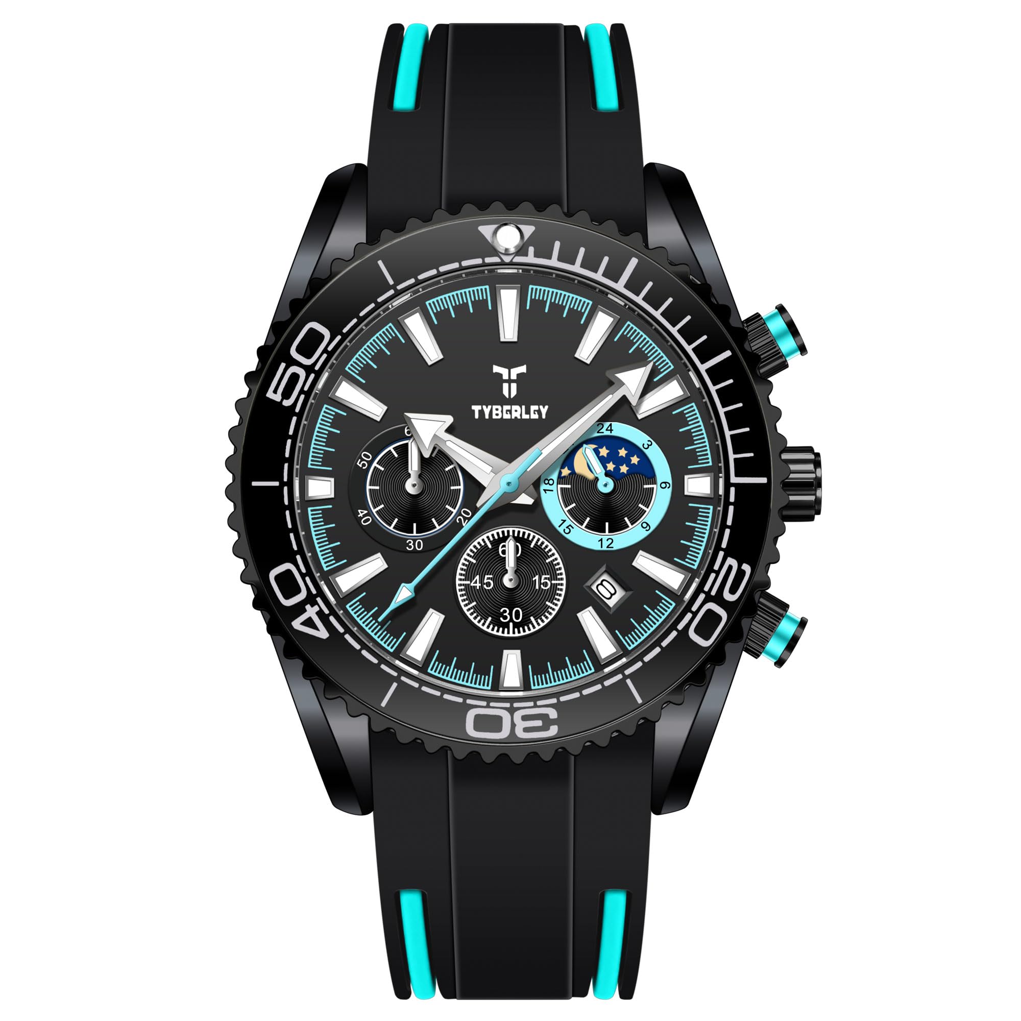 TYBERLEY Orologio da polso vintage da uomo, al quarzo, cronografo, con fasi lunari, cinturino in gomma, impermeabile, luminoso, casual, sportivo